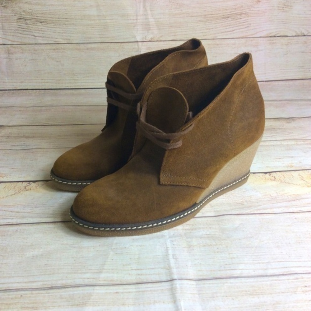J crew. Macalister wedge lace up bootie. Brown leather. Size 7